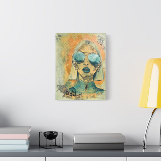 Mixed media portrait artwork by Maliheh Yousefi in a modern interior